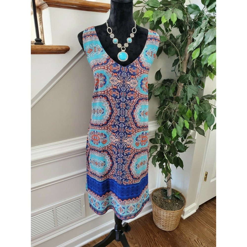 Luxology Women Blue Floral Polyester Sleeveless V-Neck Knee Length Dress Size XL